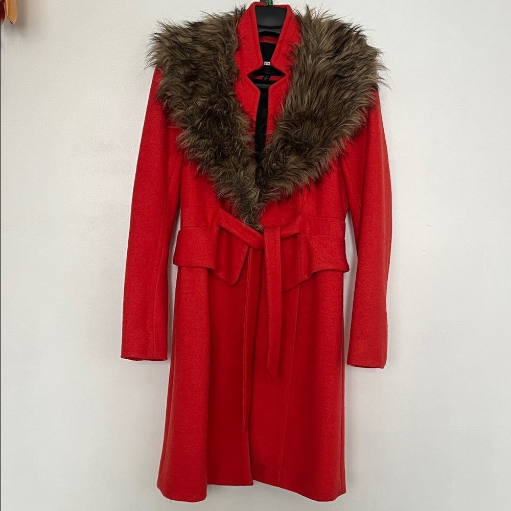 Tracy Reese Red Trench Coat with Faux Fur Collar